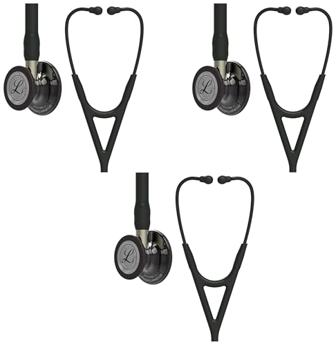 Image of 3M Littmann Cardiology IV Diagnostic Stethoscope, 6204, More Than 2X as Loud, Weighs Less, Stainless Steel High Polish Smoke-Finish Chestpiece, 27 inch Black Tube, Champagne Stem,Black Headset(Pack of 3)
