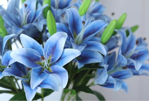 Image of VRB Dec 1 Pcs (3 Head) Lily Artificial Flowers Bunch Foam Flowers Sticks,Lily Artificial Flowers for Home Decor,Bedroom, Living Room, Table, Balcony, Office, Wedding, Pooja (Blue Color)