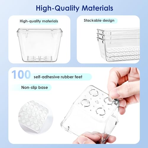 Image of UCRAVO 9Pcs Clear Plastic Drawer Organizer Set Clear Plastic Desk Drawer Dividers Trays Dresser Storage Bins Separation Box for Makeup, storage, jewelry and Gadgets, Bedroom, Bathroom, Office