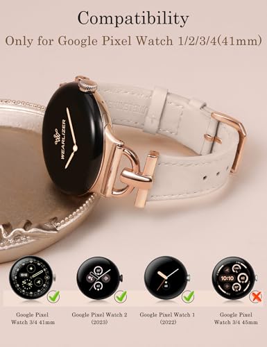 Image of Wearlizer Leather Bands Compatible with Google Pixel Watch 4 /3 41mm /Pixel Watch 2 /1 Band Women, Dressy Designer Slim Leather Strap with D-Shape Metal Buckle for Pixel Smartwatch Accessories