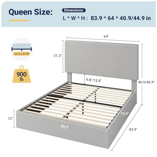 Image of Allewie Queen Bed Frame, Adjustable Corduroy Headboard, Platform, Grey | Adjustable Headboard, Corduroy Fabric, Low Profile, Wooden Slats, 900 lb Capacity, No Box Spring Needed