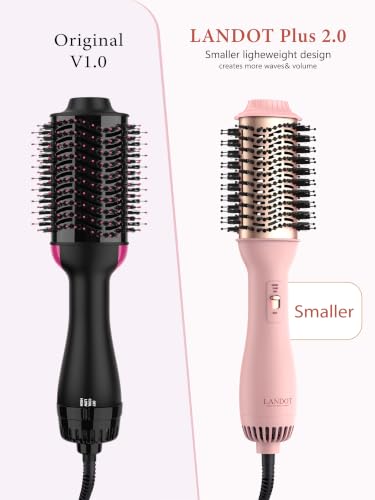 Image of LANDOT Hair Blow Dryer Brush One-Step Hot Air Volumizer for Smooth Blowout | 1000W Fast Drying, Anti-Frizz Ionic, Ceramic Titanium Barrel, 3 Heat /2 Speed Settings, All Hair Types, Salon Results at Home