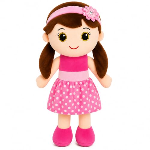 Image of Soft Plush Doll for Kids | Cute Rag Doll with Braided Hair & Cap | Washable Stuffed Toy for Girls & Boys | Birthday Gift for Kids (Multicolor) (Pink dots)