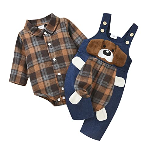 Dazzerake Ensemble Bébé Garçon Tenue Garçon Manches Longues Vêtement Bébé Garçon Mignon 0-18 Mois Barboteuse + Salopette (0-3 mois, Marron) Cover