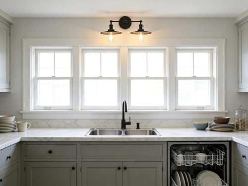 Image of Phansthy 2 Lights Sconce with Switch Matte Black Vanity Light with Dual 7.87 Inches Flat Crafted Light Shade (Matte Black)