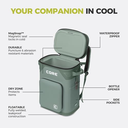 Image of CORE Magnetic Leak Proof Soft Cooler with Waterproof Zipper | Insulated Bag Portable Ice Chest Box | Best Soft Cooler for Food & Beverages for Tailgating, Car Camping, Travel, and Family Beach Picnics