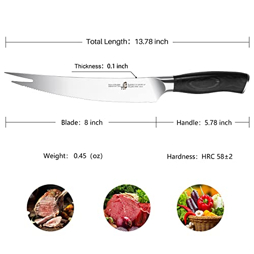 TUO BBQ Knife, 8 inch Roast Cutting Knife with Fork Tip for Grilled Meat Cutting, Serrated Edge, High Carbon German Steel, Comfortable Pakkawood Handle