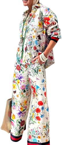 LILTWIST Summer Graffiti Pants Sets for Women Boho Printed 2 Piece Wide Leg Pajama Set Button down Shirts Matching Beach Set