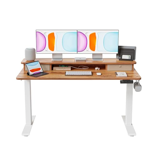 BANTI 55x24 Inch Electric Standing Desk with Dual Drawers Height Adjustable Stand Up Table Sit Stand Home Office Desk with Storage Shelf White Frame/Light Rustic Brown Top