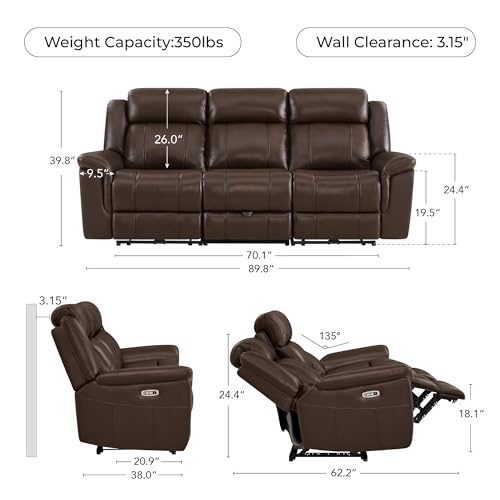 Image of CHITA Leather Power Recliner Sofa Wall Hugger, Dark Brown, 3 Seater