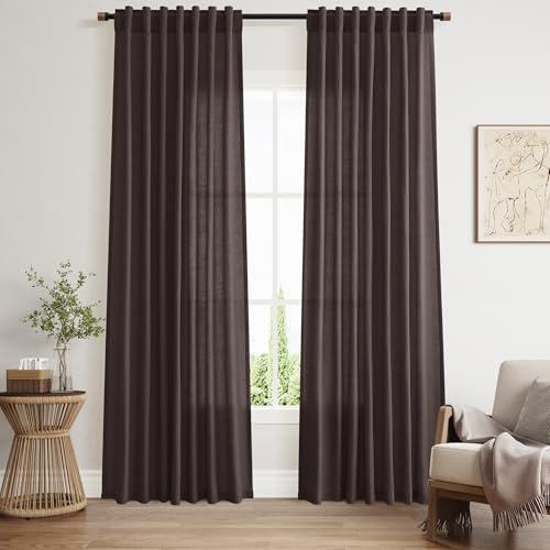 Image of Linen Curtains 84 Inch Long for Living Room Back Tab Cocoa Coffee