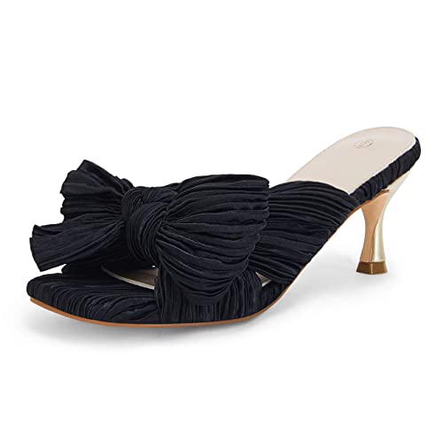 Image of Coutgo Womens Bow Heeled Sandals Pleated Bowknot Heels Open Square Toe Cute Kitten Heel Mules Slip On Wedding Dress Shoes