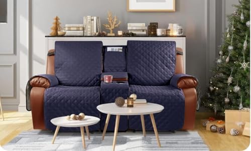 Image of Ruaozz Waterproof Recliner Loveseat with Console, Non-Slip Couch Cover for Double Recliner Split Sofa with Elastic Straps for Kids, Dogs, Pets (Dark Blue, 2 Seater)