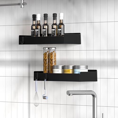 Wisfame Duschablage Ohne Bohren, 2 Stück Rostfreie Badezimmer Organizer, 30cm Duschregal mit 8 Haken, Shampoo Halterung für Dusche, Matt Schwarz Metall Duschkorb