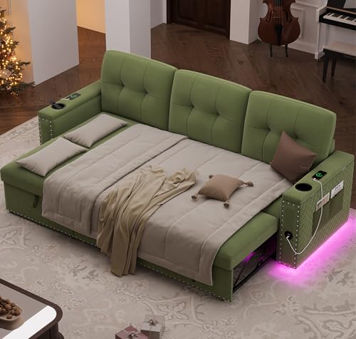 Modern Green Velvet Sleeper Sofa Bed with Storage and LED Light for Living Room