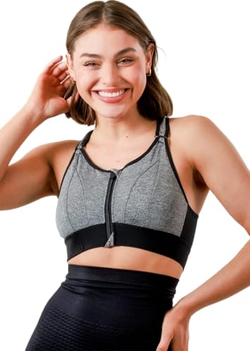 Image of Women Polyester Spandex High Impact Front Zip Sports Bra Fitness Criss Cross Back Crop Tops Tank Gym Yoga Workout, Size: M-5XL