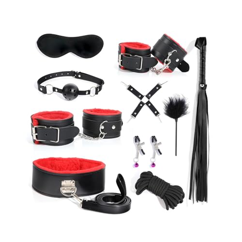 Image of 12pcs BDSM Kit, Bondage Restraints Set Anal Butt Plug Tail Cat Ear Adult Bondage Gear & Accessories Esposas Sexuales, Bondage Equipment for Women Men Couple Black&Red