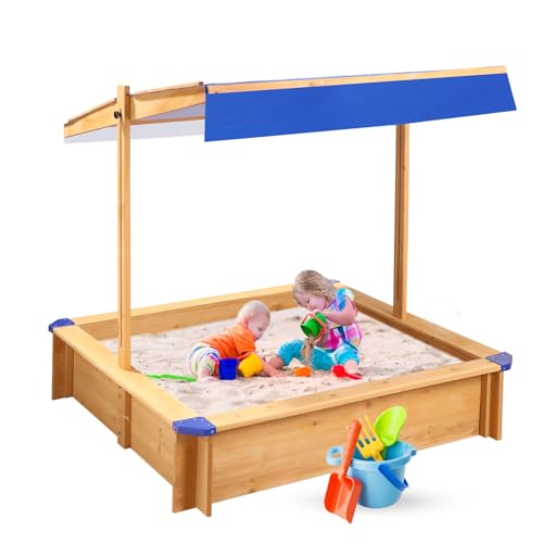 Tatub Kids Sandbox with Cover, Large Outdoor Sandbox with Canopy Height Adjustable, Sand Pit for Backyard Play, Wooden Sand Box for Kids Ages 4-8, for Children