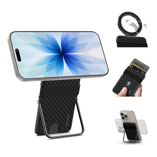 Ulanzi ML25 スマホスタンド カードケース付き Magsafe対応 多機能カードケース＆スタンド カーボンファイバー製 携帯スタンド 両面マグネット 超强磁力 超薄型軽量 折りたたみ式 角度調整可能 金属リング付き iPhone 17 16 15 14 13 12 Pro Max Plus/Androidに対応 自撮り/ウェブ会議/生放送/撮影録画/動画鑑賞/旅行に最適（カード収納）
