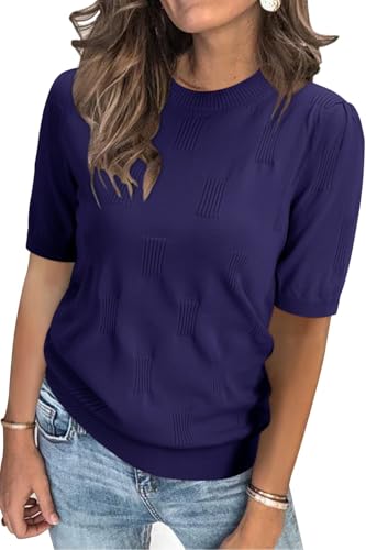 Image of Arach&Cloz Women's Short Sleeve Crew Neck Sweaters Trendy Teacher Work Tops | Lightweight&Breathable Fabric, Texture Knit Design, Relaxed Fit, Business Casual Outfits, Teacher Work Tops Fall 2026