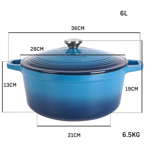 Cocotte Fonte Émaillée VeoHome 6L, Faitout Ultra Résistant,Marmite Compatible Induction/Gaz/Four, Cuisson Homogène, Saveurs Authentiques, Couvercle Relief (Bleu, Ronde 6 Litres (28 cm)) – Image 6