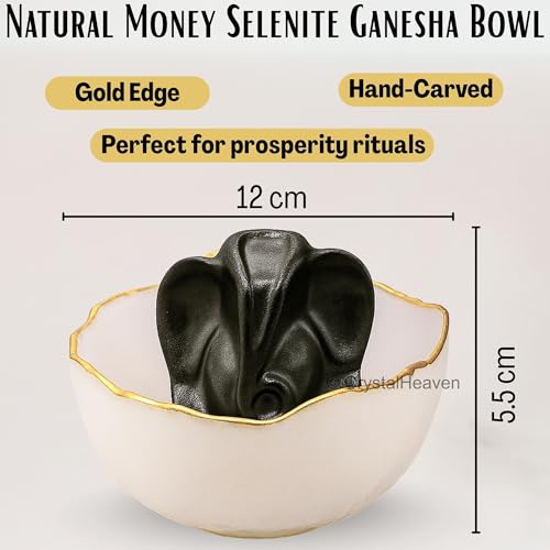 Image of Money Bowl - Selenite Money Magnet Bowls for Puja, Meditation, and Spiritual Rituals, Handcrafted Elegant Design, Ideal for Attracting Prosperity and Enhancing Spiritual Energy (Bowl + Ganesh)