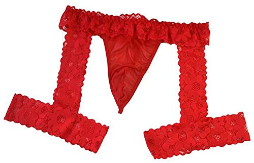 Walang Lip Men's Panties Lingerie Lace Low Rise Stretchy G-String Bikini Thong Underwear with Garter (Red)
