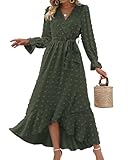 Picture of BTFBM Long Sleeve Maxi Dresses for Women V Neck Swiss Dot Boho Flowy Slit Cocktail Wedding Guest Dress Fall Clothes 2025(Army Green, Large)