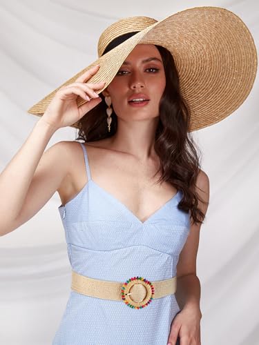 Image of WILLBOND 4 Pcs Women's Elastic Raffia Woven Belt, Boho Rattan Buckle Stretch Straw Wide Waist Belt for Dresses Jeans Pants