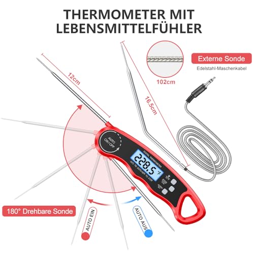 Foto von CIRYCASE Fleischthermometer Digital, Sofort Lesen Bratenthermometer Ofenthermometer, Externe Lange Sonde mit 102cm-Edelstahlkabel, Zeigerthermometer, Backofenthermometer für Küche, BBQ, Ofen, Backen