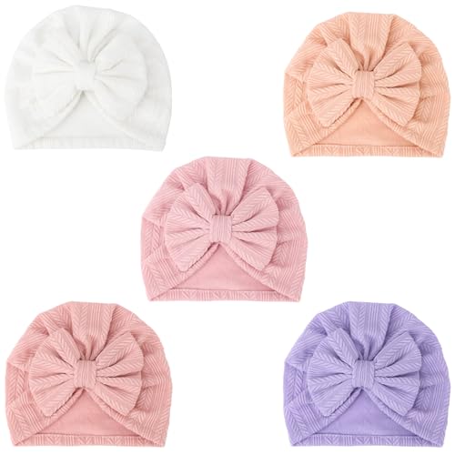 Image of DRESHOW BQUBO 5 Pieces Newborn Baby Turban Hats Bow Baby Infant Beanie Breathable Toddler Cap for Baby Girls
