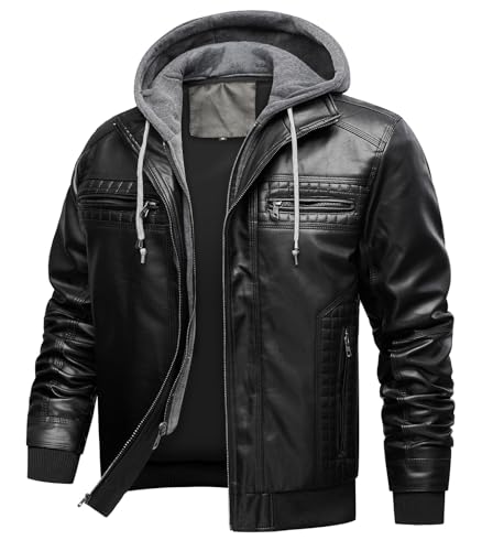INVACHI Men’s PU Faux Leather Aviator Bomber Jacket Windproof Vintage Motorcycle Jacket with Removable Hood & Pockets