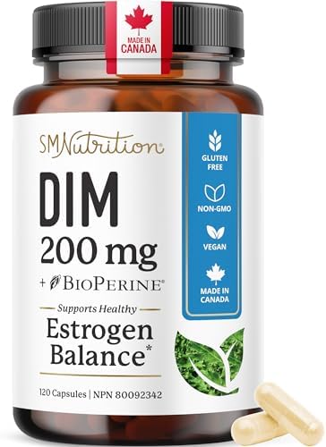 DIM Supplement 200 mg | Estrogen Balance for Women & Men | Hormonal Acne, Hormone Balance, PMS, Bloating, Menopause, & Antioxidant Support | Canadian Made, Vegan, Soy-Free Diindolylmethane | 120 Ct