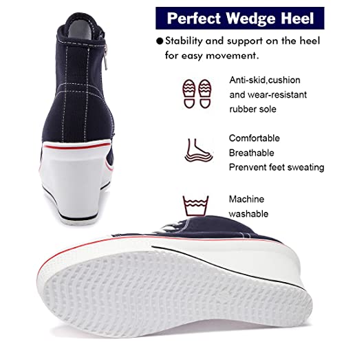 Womens Lace Up Heel Sneakers, Platform Wedge Sneakers Ankle Booties with Zipper Casual Canvas Fashion Sneaker for Girls4