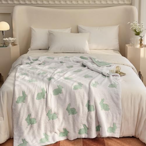 Image of Ultra Soft Cozy Happy Easter Rabbits Spring Knitted Throw Blanket Fluffy Microfiber Checkerboard Bed Blanket Lightweight Both Sides Blanket for Couch Sofa Bed (Rabbit Green, Throw 50 inchx60 inch)