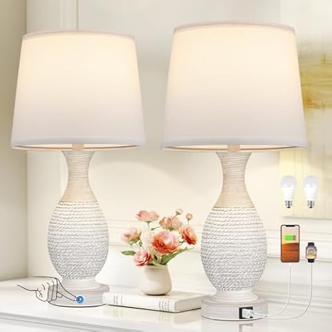 Seealle Touch Control Bedside Lamps with USB C+A,3-Way Dimmable Bedroom Lamps Set of 2,Farmhouse Table Lamps for Night Stands Living Room End Table(Bulbs Included) Cover