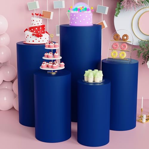 Set of 5 Spandex Cylinder Pedestal Stand Covers Navy Blue