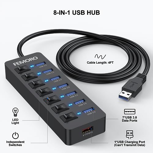 Image of Powered USB Hub 3.0, 5Gbps Data Transfer 7 Ports and 12W Charging-only 1 Port with 5V /3A Power Adapter 4Ft Long Cable & Individual Switches for Laptop PC Flash Drive External SSD HDD Keyboard Mouse