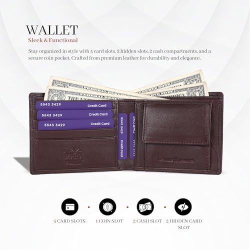 Image of Men Wallet and Belt Combo for Mens Gift - Genuine Leather 4 Card Slots RFID Brown Wallets for Man with Ratchet Track Autolock Belts for Men Leather Original - Birthday, Diwali Gift for Man