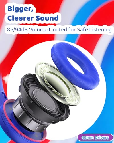 Image of Wired Kids Headphones with Mic, Foldable, Volume Control Safe Listening(85 /94dB), 3.5mm Jack on-Ear Headset for Chilren /Teens /School /Travel /Plane /Ipad /Tablet /Laptop,Blue-Red
