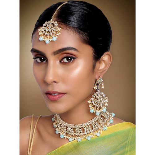 Image of Aheli Elegant Indian Faux Kundan Studded Choker Necklace with Maang Tikka Set Ethnic Wedding Wear Bharatanatyam jewellery set Gift for Women