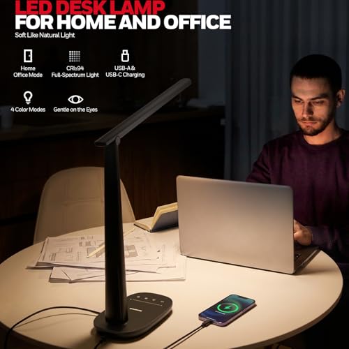 Image of Honeywell LED Desk Lamp for Home Office, Eye-Caring Dimmable Reading Light with 4 Color Modes, Touch Control, USB-A & USB-C Charging Ports, Adjustable Head, Timer for Bedroom & Small Desks