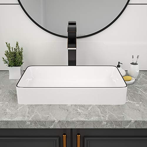 Couoko 24"X14" Rectangular Vessel Sink Above Counter Modern White With Black Edges Porcelain Ceramic Vanity Sink Basin #TOP2
