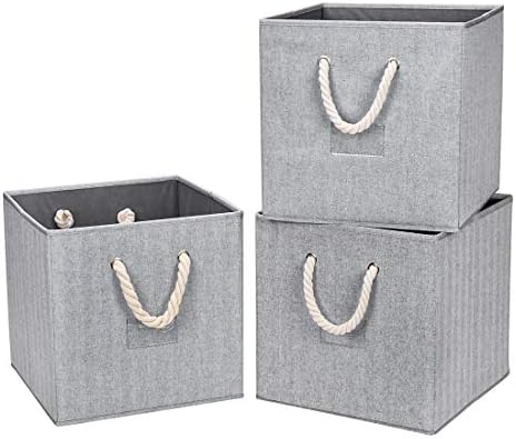 Robuy Cube Storage Bins,Grey Fabric Foldable Storage Bins,Set of 3 Stroage Boxes with Cotton Rope Handles for Organizer Home,Office, Nursery 13x13x13 inch