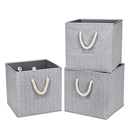 Image of Robuy Cube Storage Bins,Grey Fabric Foldable Storage Bins,Set of 3 Stroage Boxes with Cotton Rope Handles for Organizer Home,Office, Nursery 13x13x13 inch