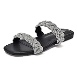 NianEr Womens Microfiber Leather Rhinestone Glitter Sparkly Sparkle Jeweled Bling Diamond Braided Dress Dressy Slip On Cute Comfy Comfort Flat Sandals Summer Shoes Square Toe Slides black Size 8
