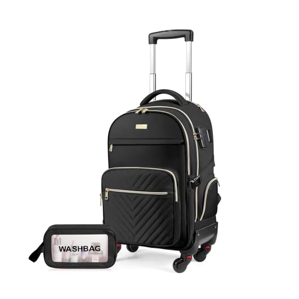 star cloud Rolling Backpack for Women, 21"x14"x9",45L Travel Backpack with Wheels and USB & Type-C Charging Ports, Fits 17.3", Water-Resistant Carry-On Luggage for Work & Travel (Black)