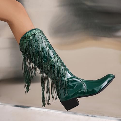 MRKEWUNEY Mode Kwast Cowboy Laarzen voor dames Metallic Cowgirl Mid-Calf Laarzen - Afbeelding 5