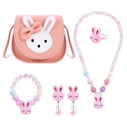BTHRORO Sac a Main Bijoux Enfants Fille, Lapin Mini Sac à Bandoulière Collier Bracelet Des Boucles D'oreilles Bagues Kit Bijoux pour Filles Cadeau Anniversaire de...