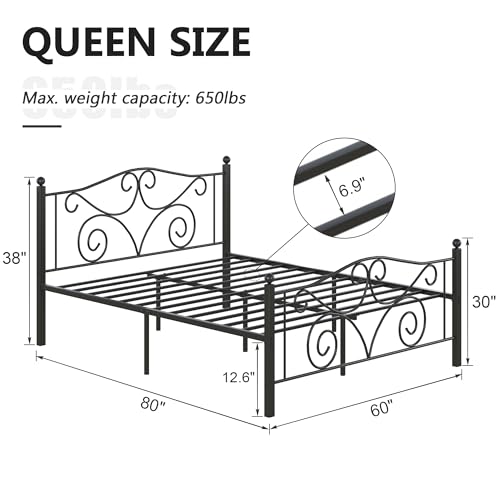 Image of VECELO Queen Size Bed Frame with Headboard and Footboard, Heavy Duty Metal Slat Support, Platform Mattress Foundation, No Box Spring Needed, Easy Assembly, Dark Black